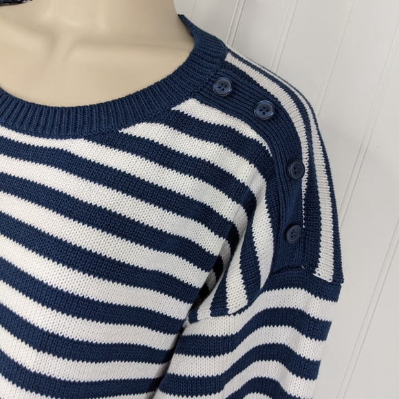 ORVIS Navy White Preppy Stripe Cable Knit Sweater Sz L - Picture 2 of 15